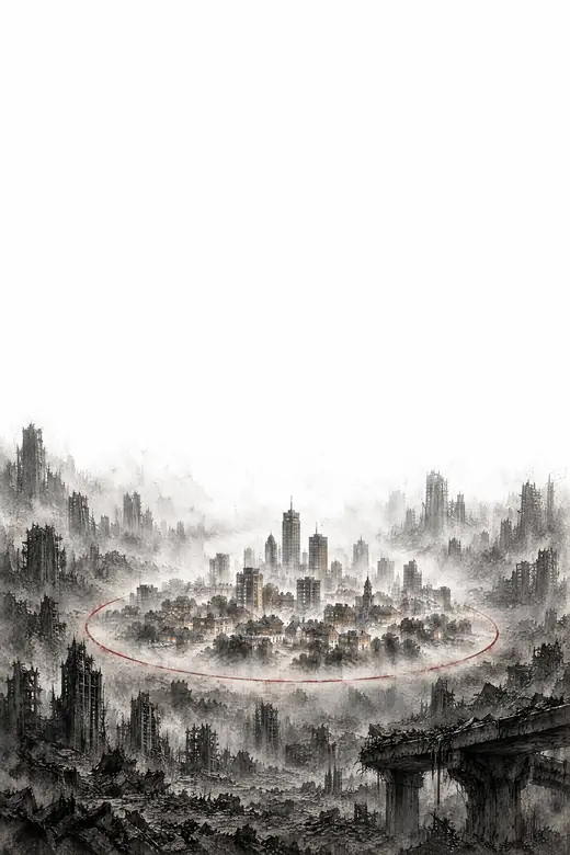 Morgena, die Stadt im Bannkreis, als helle Linienzeichnung auf Schwarz